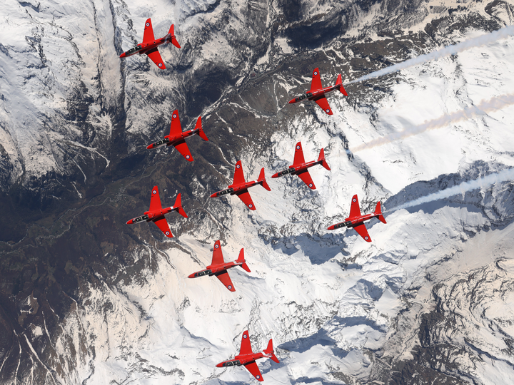 RAF Red Arrows Nine Hawks Over Snowfields April 2024