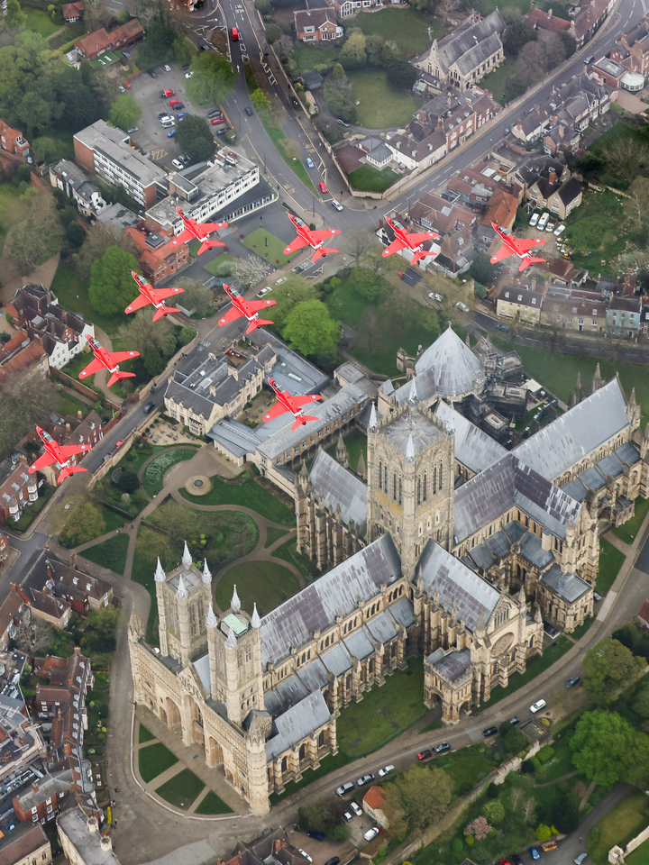 RAF Red Arrows Nine Hawks Above Lincoln Rooftops April 2024