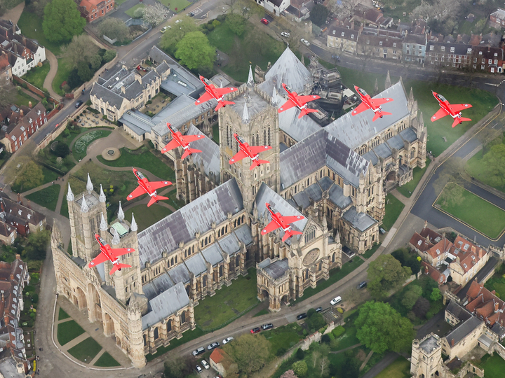 RAF Red Arrows Above Lincoln Cathedral Roof April 2024
