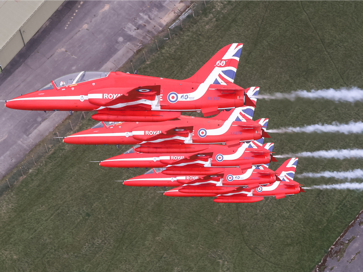 RAF Red Arrows Five Hawks Close Echelon April 2024