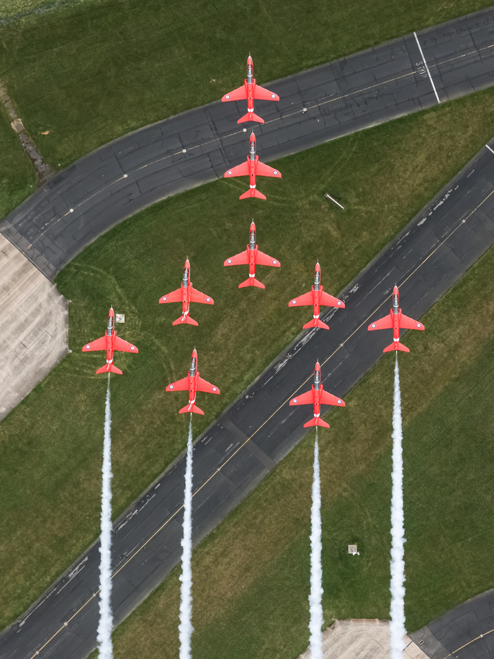 RAF Red Arrows Nine Hawks Over Airfield Runway April 2024