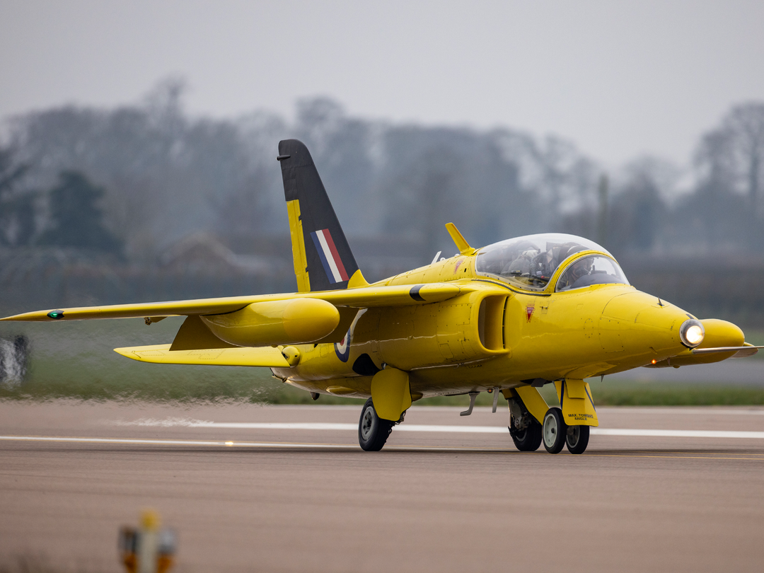 RAF Yellow Folland Gnat Arrives Waddington March 2024