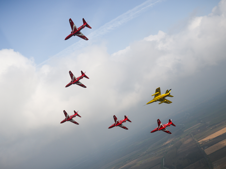 RAF Red Arrows Five Hawks and Gnat Cloud Bank March 2024