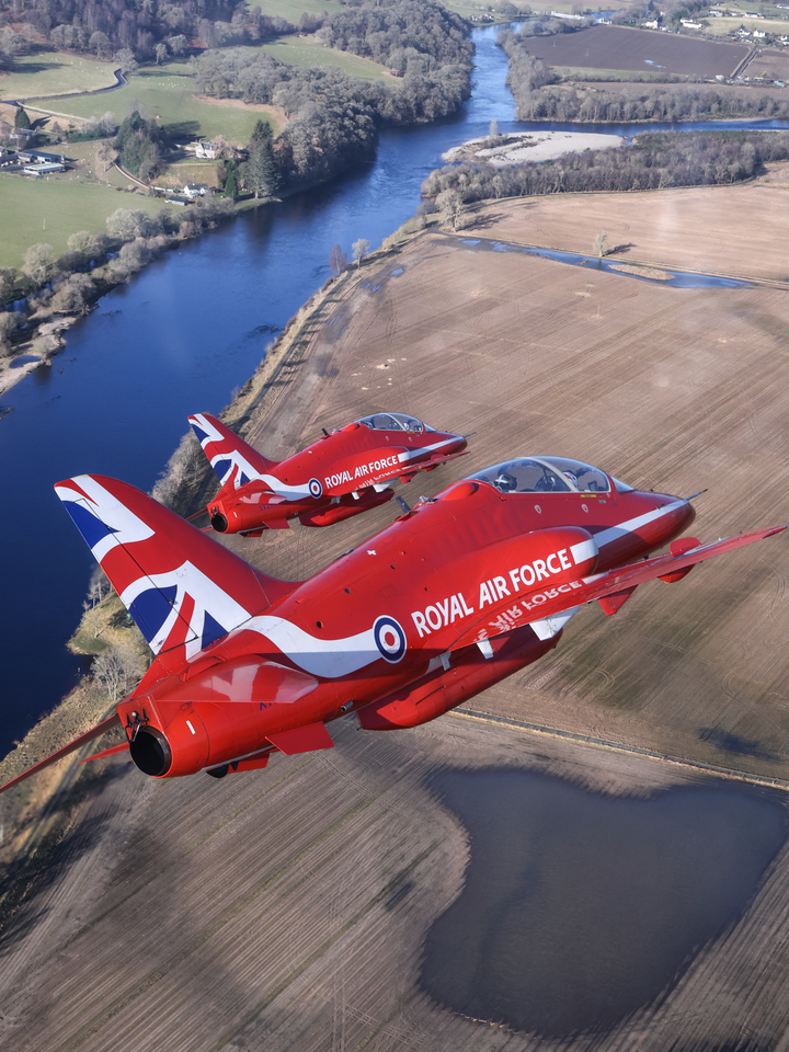 RAF Red Arrows Hawk Pair Over Scottish River February 2024
