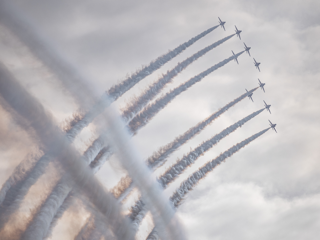 RAF Red Arrows Nine Hawks Crossing Smoke February 2024