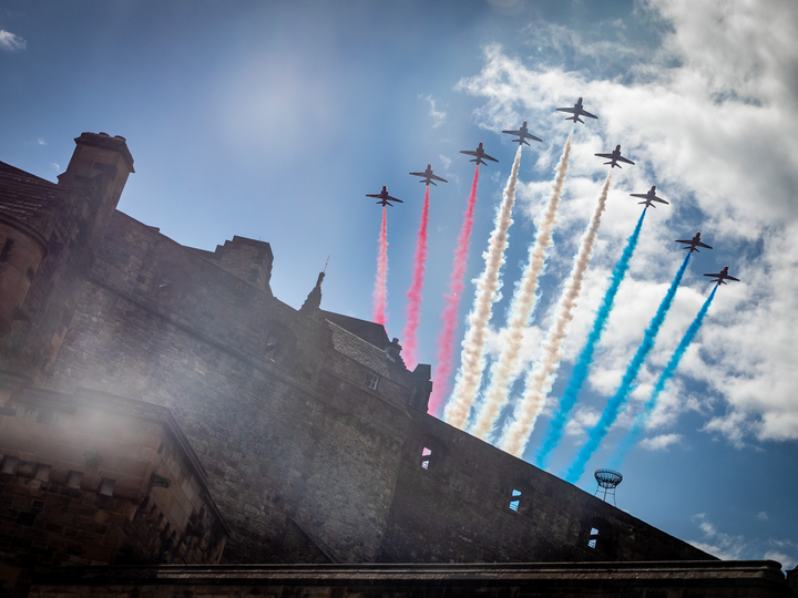 RAF Red Arrows Nine Hawks Edinburgh Castle Walls July 2023