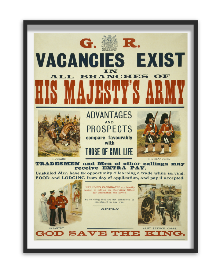His Majesty's Army Vacancies Exist | World War One Recruitment Poster Posters, Prints, & Visual Artwork Hampshire Prints A5
