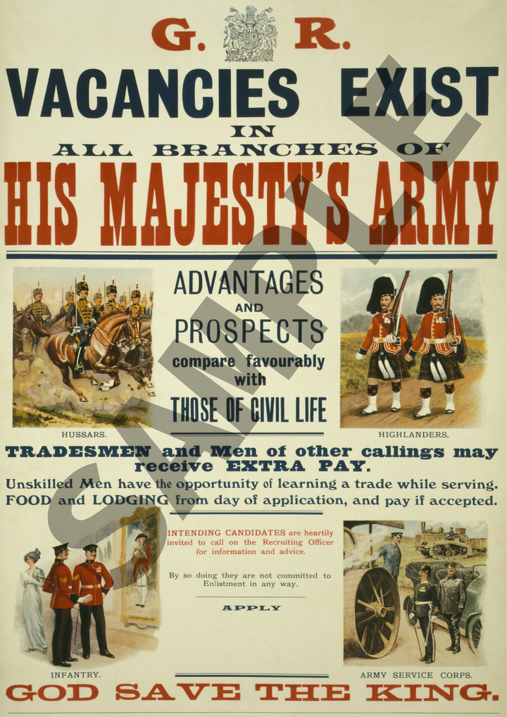 His Majesty's Army Vacancies Exist | World War One Recruitment Poster Posters, Prints, & Visual Artwork Hampshire Prints A4