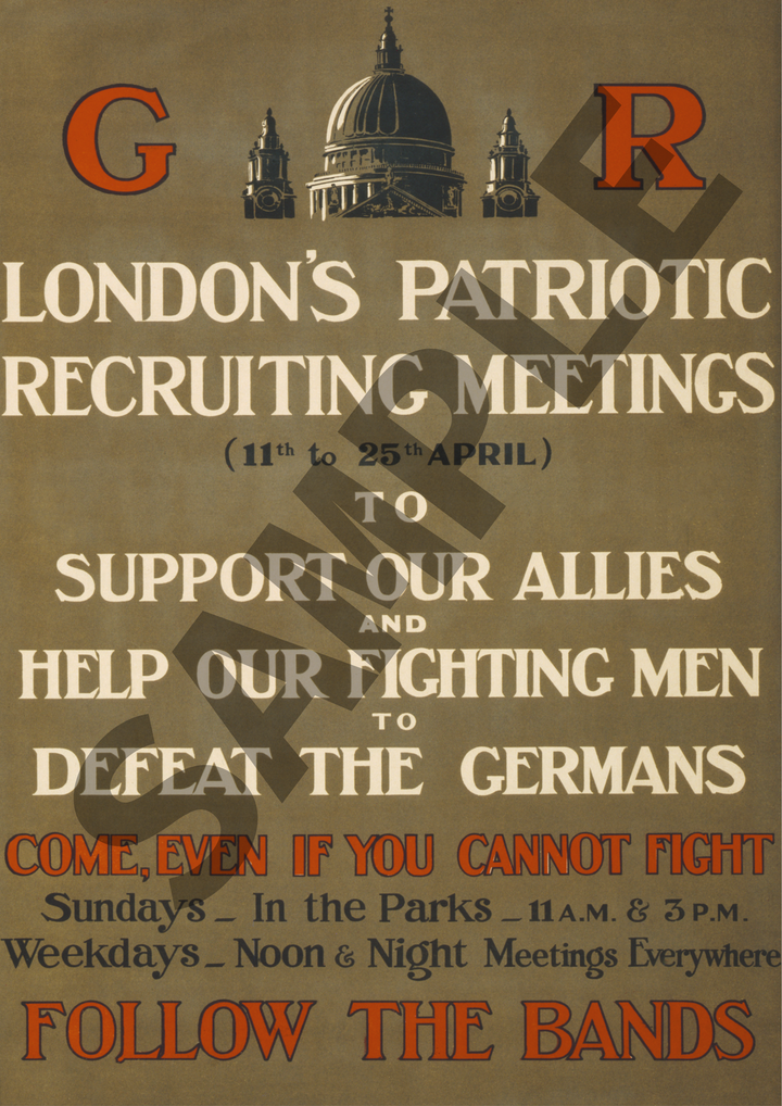 London's Patriotic Recruiting Meetings | World War One Recruitment Poster Posters, Prints, & Visual Artwork Hampshire Prints