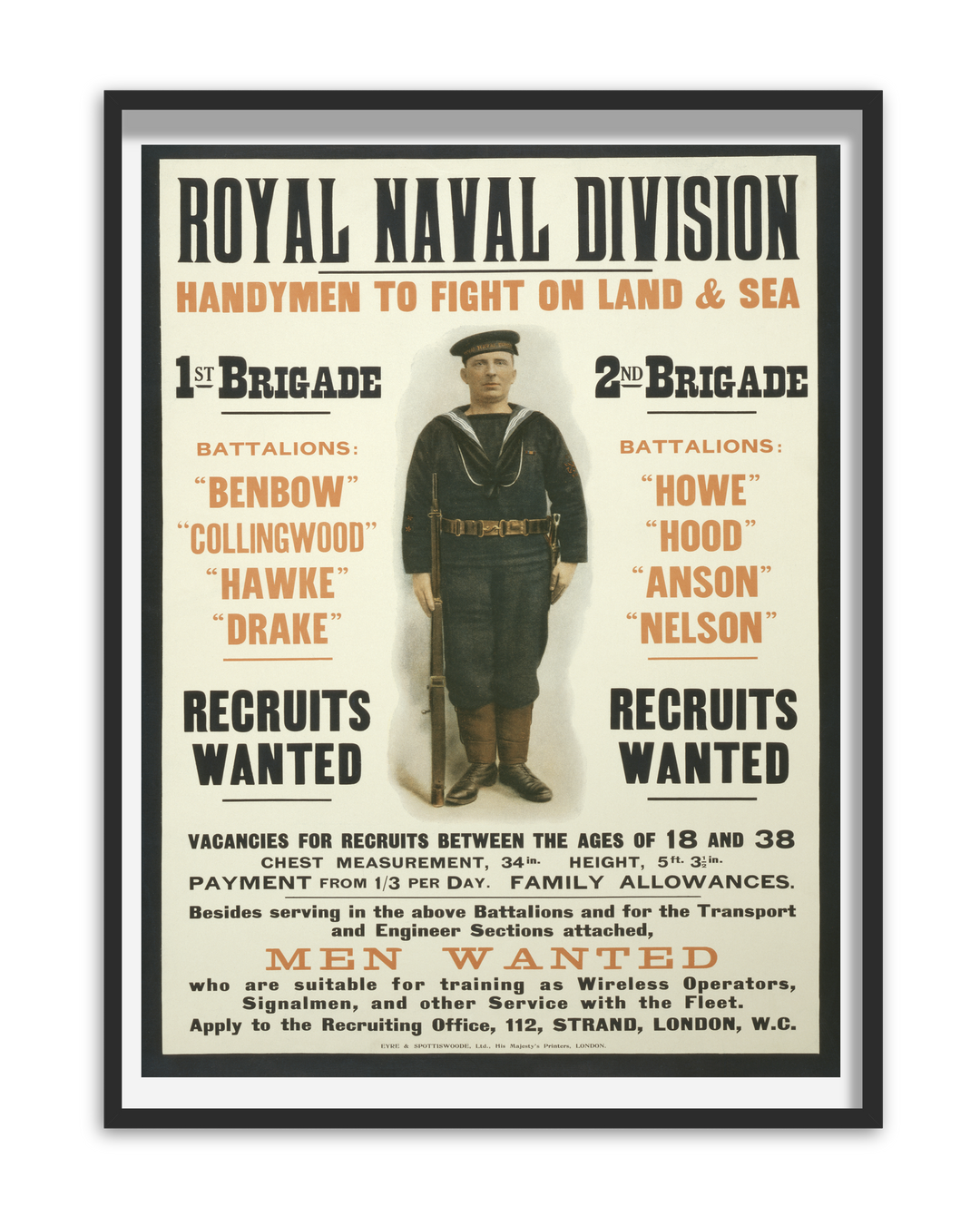 Royal Naval Division Handymen to Fight on Land and Sea | World War One Recruitment Poster Posters, Prints, & Visual Artwork Hampshire Prints