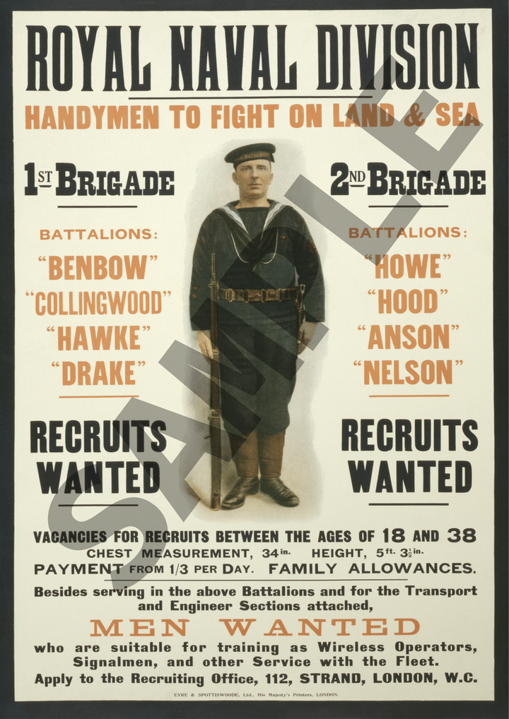 Royal Naval Division Handymen to Fight on Land and Sea | World War One Recruitment Poster Posters, Prints, & Visual Artwork Hampshire Prints A4