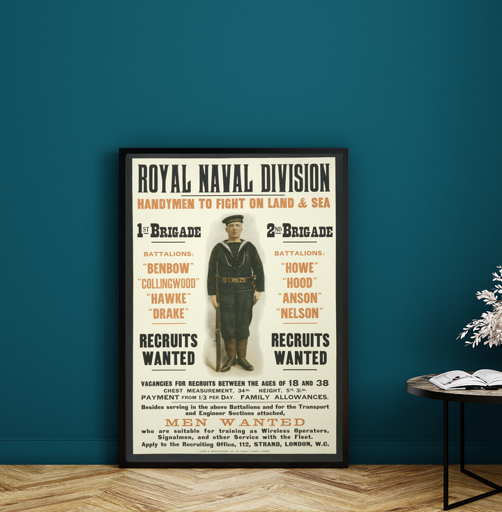 Royal Naval Division Handymen to Fight on Land and Sea | World War One Recruitment Poster Posters, Prints, & Visual Artwork Hampshire Prints A3