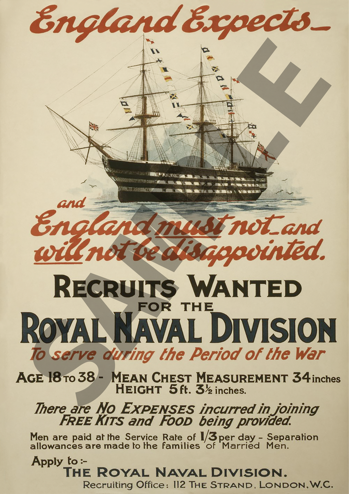 Recruits Wanted for the Royal Naval Division | British World War One Recruitment Poster Posters, Prints, & Visual Artwork Hampshire Prints
