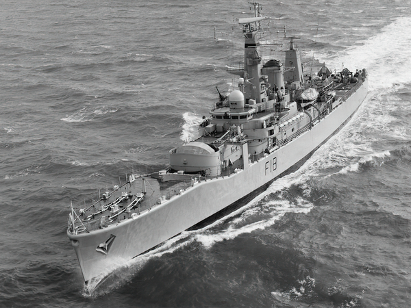 HMS Galatea F18 Leander Class Frigate Port Bow View