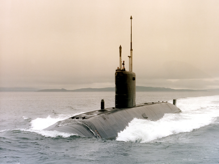 HMS Sovereign S108 Swiftsure Class Submarine 1992 Leaving Faslane Port Bow