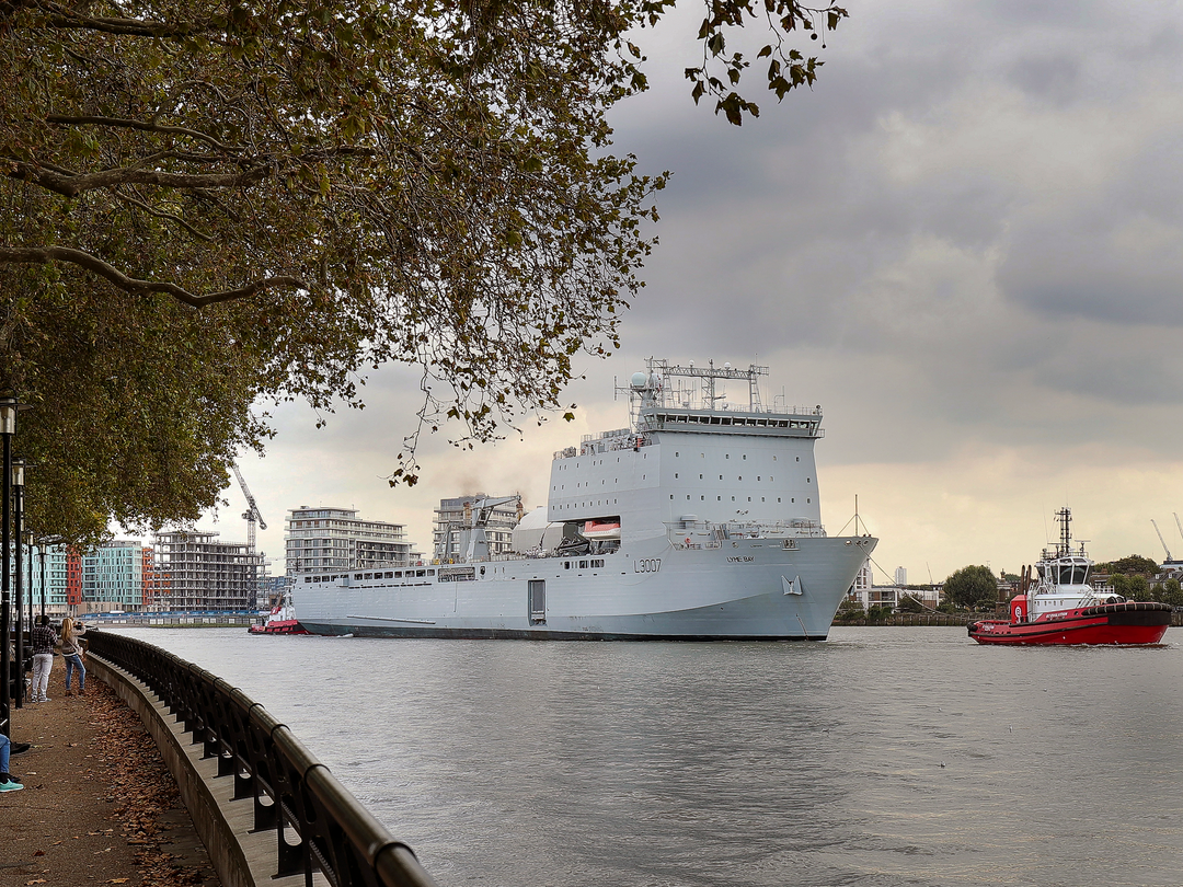 RFA Lyme Bay L3007 Bay Class Ship September 2019 Low Starboard Bow View