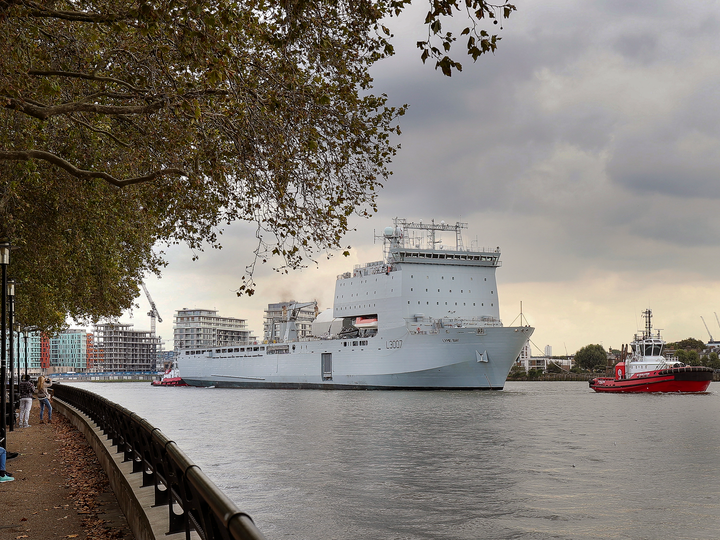 RFA Lyme Bay L3007 Bay Class Ship September 2019 Low Starboard Bow View