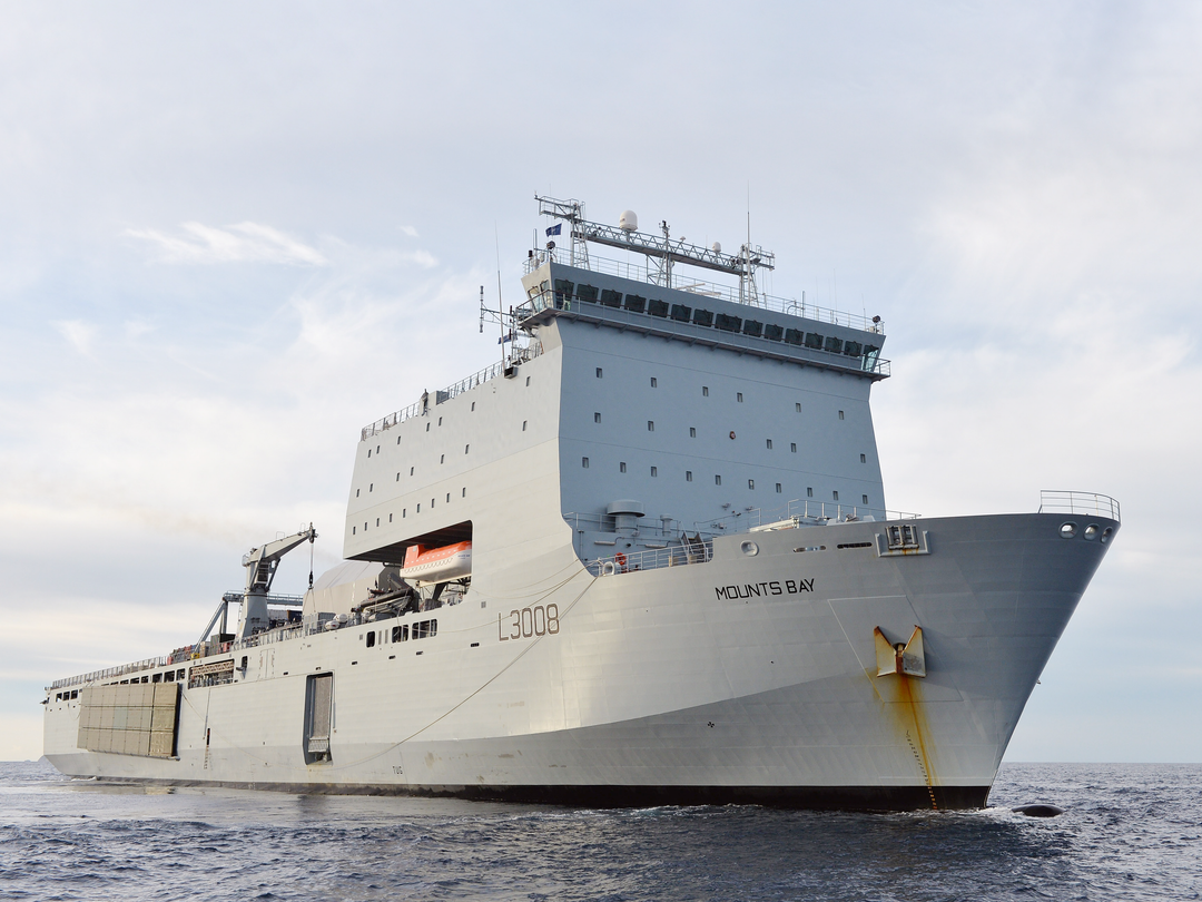 RFA Mounts Bay L3008 Bay Class Ship March 2016 Underway Starboard Bow View