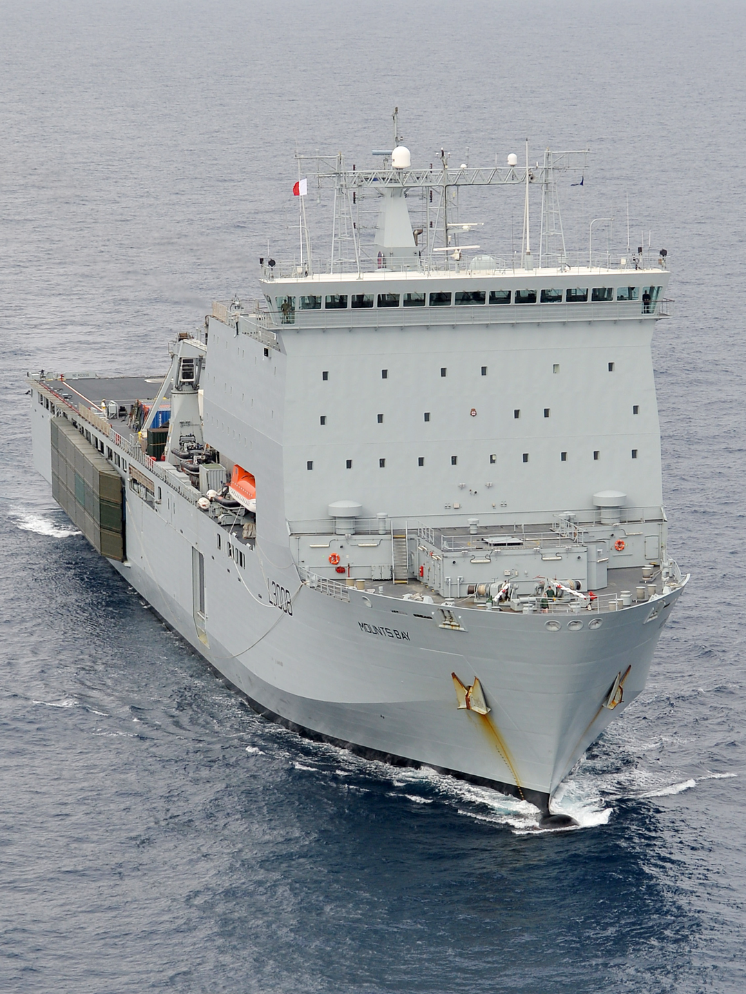 RFA Mounts Bay L3008 Bay Class Ship March 2016 High Starboard Bow View