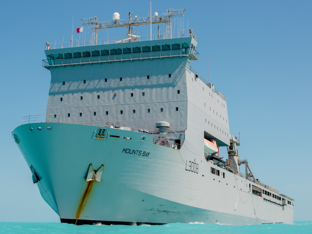 RFA Mounts Bay L3008 Bay Class Ship September 2019 Low Port Bow View at Sea