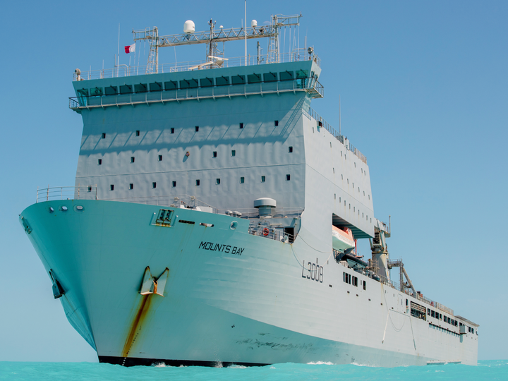 RFA Mounts Bay L3008 Bay Class Ship September 2019 Low Port Bow View at Sea