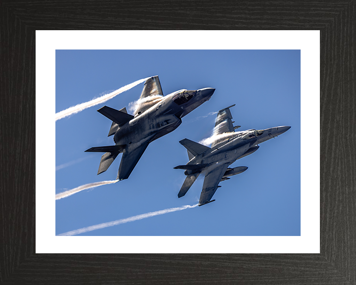 RAF F-35B Lightening with US Navy F/A-18E Photo Print - Royal Air Force Aircraft Hampshire Prints 10 x 8 Black Frame Yes