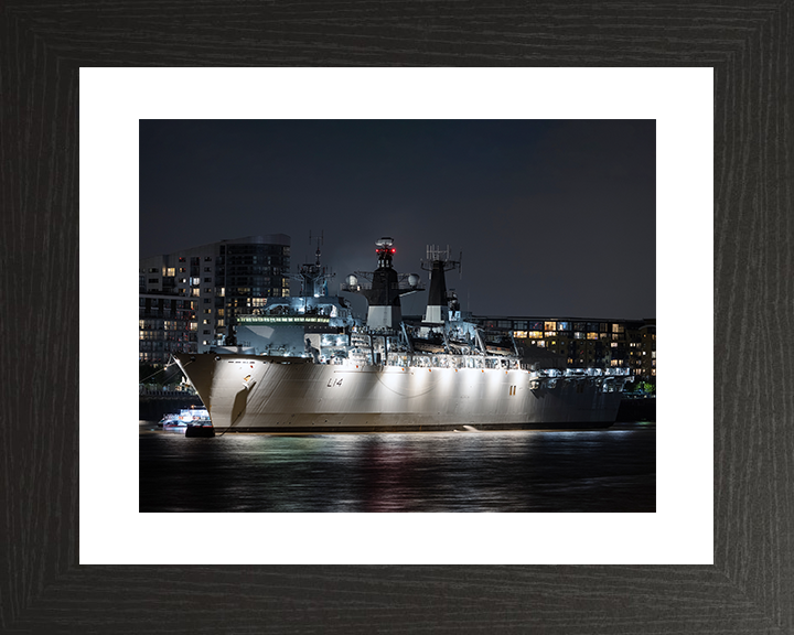 HMS Albion (L14) Royal Navy Albion Class Amphibious Ship In Harbour At Night Photo Print Wall Art Naval Decor Posters, Prints, & Visual Artwork Hampshire Prints 10 x 8 Black Frame Yes
