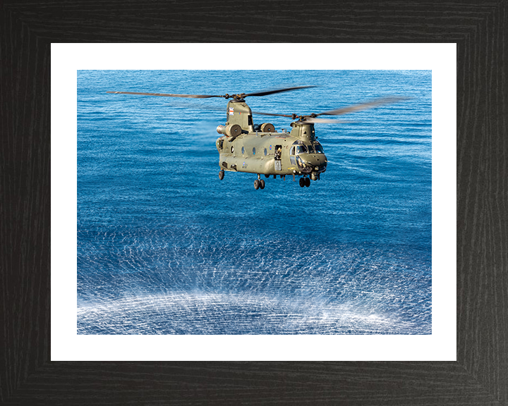 RAF Chinook Helicopter Hovering over sea Photo Print - Royal Air Force Aircraft Hampshire Prints 10 x 8 Black Frame Yes