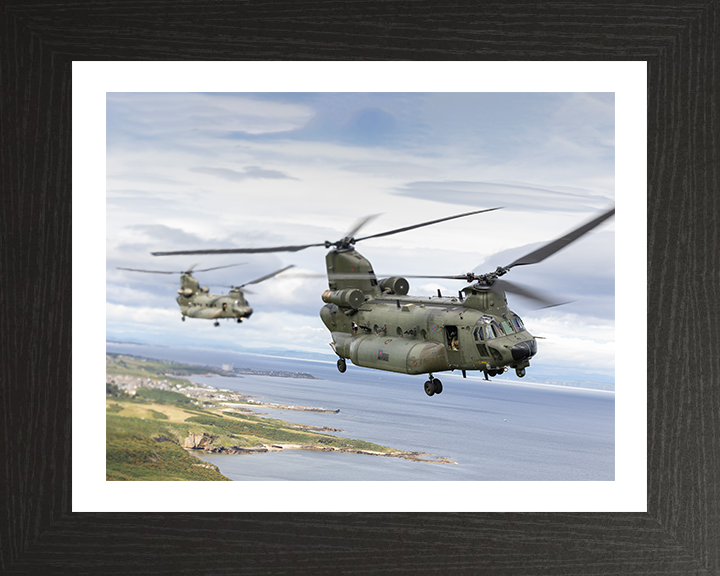 Two RAF Chinook Helicopters in Flight Photo Print - Royal Air Force Aircraft Hampshire Prints 10 x 8 Black Frame Yes