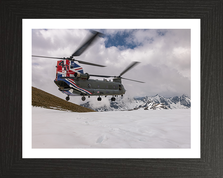 RAF Chinook Helicopter with Union Jack Photo Print - Royal Air Force Aircraft Hampshire Prints 10 x 8 Black Frame Yes