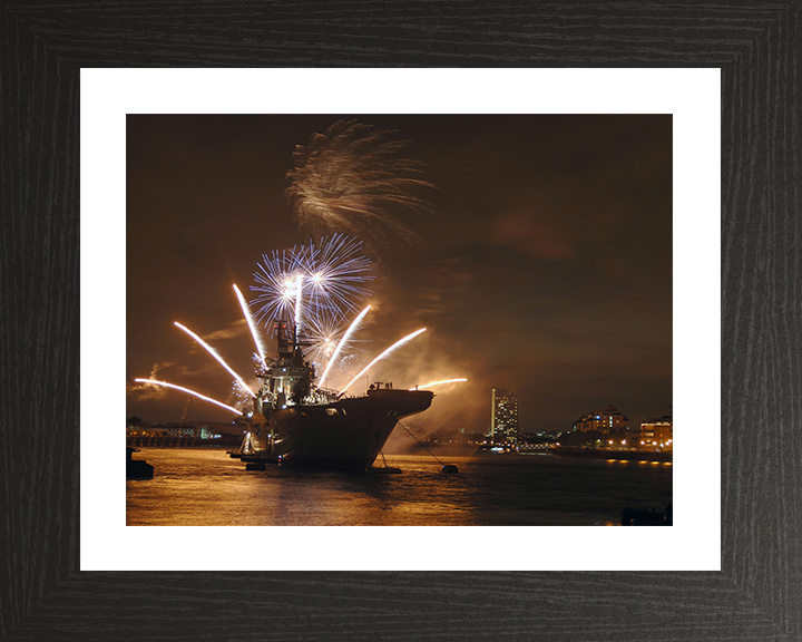 HMS Illustrious (R06) Photo Print - With fireworks 2009 - Royal Navy Invincible Class Aircraft Carrier Hampshire Prints 10 x 8 Black Frame Yes