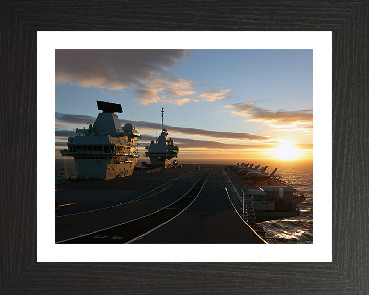 HMS Queen Elizabeth (R08) Photo Print - Flight Deck at Sunset - Royal Navy Queen Elizabeth Class Aircraft Carrier Hampshire Prints 10 x 8 Black Frame Yes