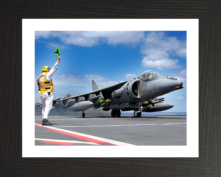 RAF Harrier GR7A on an Aircraft Carriers Flightdeck Photo Print - Royal Air Force Aircraft Posters, Prints, & Visual Artwork Hampshire Prints 10 x 8 Black Frame Yes