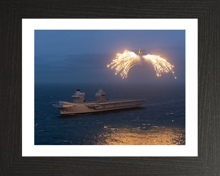 HMS Prince of Wales (R09) Photo Print - With Merlin - Royal Navy Queen Elizabeth Class Aircraft Carrier Hampshire Prints 10 x 8 Black Frame Yes