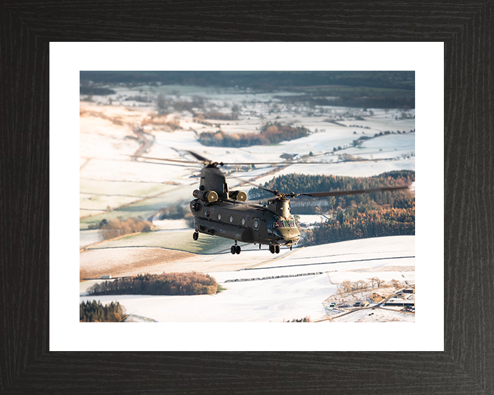 RAF Chinook Helicopter Flies Over Winter Countryside 2025 Photo Print - Royal Air Force Aircraft Posters, Prints, & Visual Artwork Hampshire Prints 10 x 8 Black Frame Yes