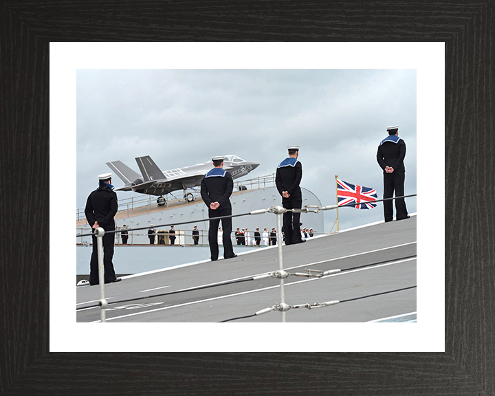 HMS Queen Elizabeth (R08) Photo Print - Sailors on Ski Jump - Royal Navy Queen Elizabeth Class Aircraft Carrier Hampshire Prints 10 x 8 Black Frame Yes