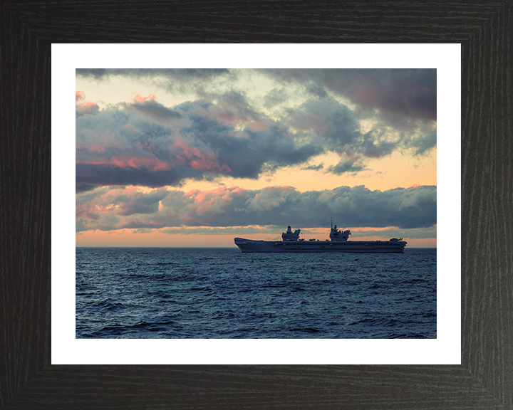 HMS Prince of Wales (R09) Photo Print - At sunset - Royal Navy Queen Elizabeth Class Aircraft Carrier Hampshire Prints 10 x 8 Black Frame Yes