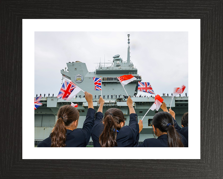 HMS Prince of Wales (R09) Photo Print - Singapore Welcome 2025 - Royal Navy Queen Elizabeth Class Aircraft Carrier Hampshire Prints 10 x 8 Black Frame Yes