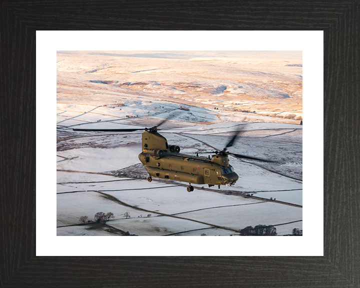 RAF Chinook Helicopter Flies Over Winter Countryside Photo Print - Royal Air Force Aircraft Posters, Prints, & Visual Artwork Hampshire Prints 10 x 8 Black Frame Yes
