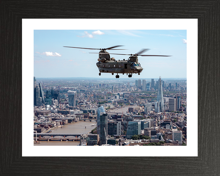 RAF Chinook Helicopter Over The Thames Photo Print - Royal Air Force Aircraft Hampshire Prints 10 x 8 Black Frame Yes