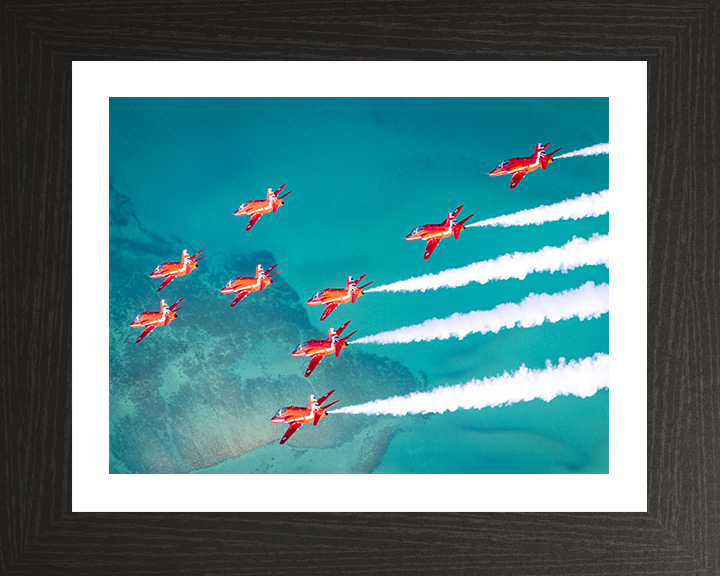 RAF Red Arrows fly over the sea in Formation Photo Print - Royal Air Force Aircraft Hampshire Prints 10 x 8 Black Frame Yes