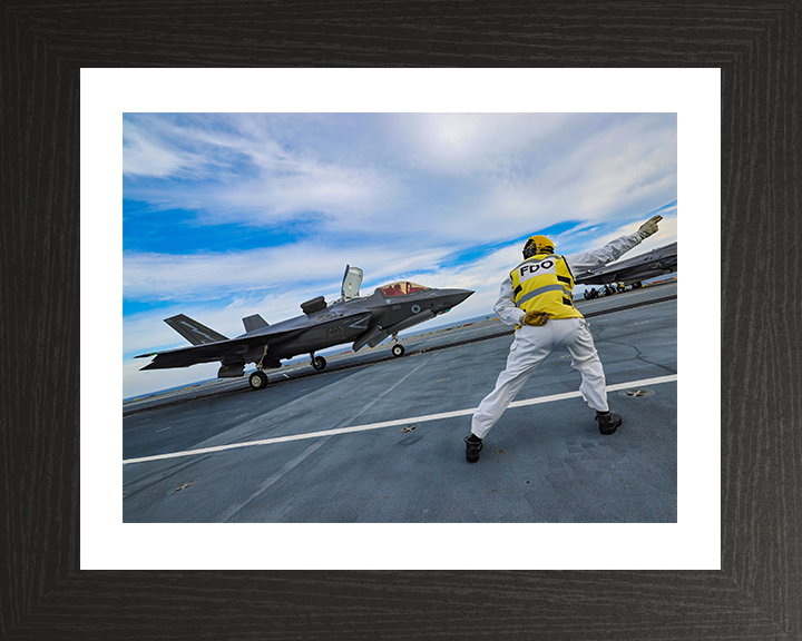 RAF F35B flight deck takeoff Photo Print - Royal Air Force Aircraft Hampshire Prints 10 x 8 Black Frame Yes