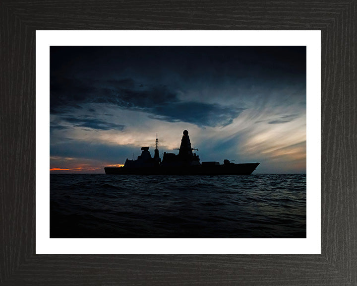 HMS Defender (D36) Photo Print - Silhouette at Sunset - Royal Navy Type 45 Destroyer Hampshire Prints 10 x 8 Black Frame Yes