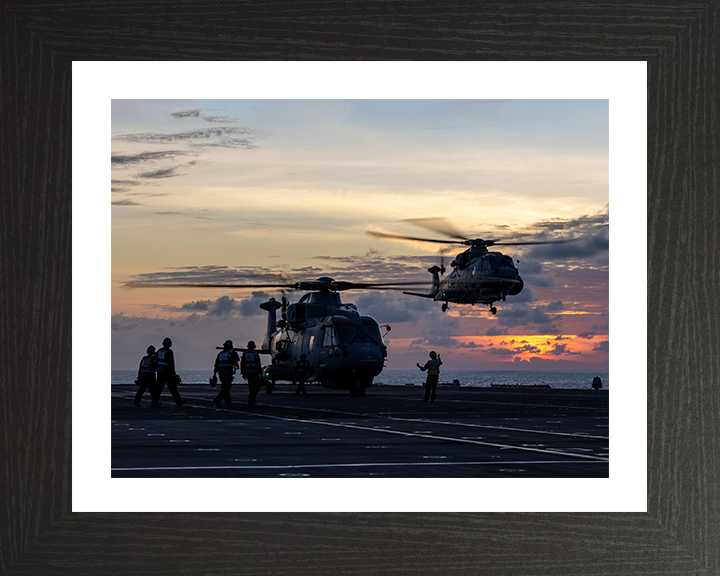 Merlin MK4 Helicopters From a Flight Deck at sunset Photo Print - Royal Navy Aircraft Hampshire Prints 10 x 8 Black Frame Yes