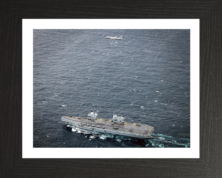 HMS Prince of Wales (R09) Photo Print - With Poseidon - Royal Navy Queen Elizabeth Class Aircraft Carrier Hampshire Prints 10 x 8 Black Frame Yes