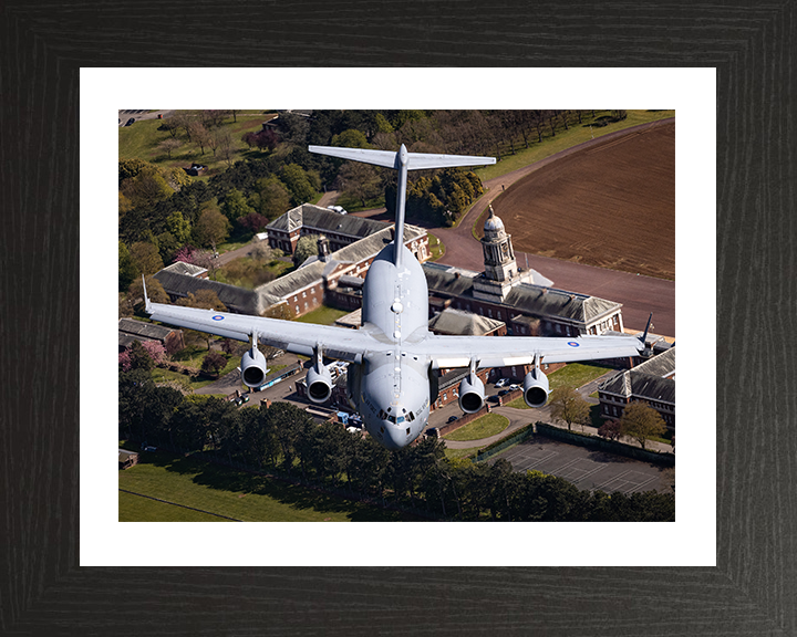 RAF C-17 Globemaster above RAF College Cranwell Photo Print - Royal Air Force Aircraft Hampshire Prints 10 x 8 Black Frame Yes
