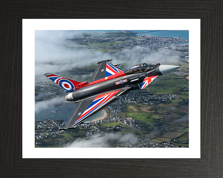 RAF Typhoon Union Jack livery over the Menai Straits Photo Print - Royal Air Force Aircraft Hampshire Prints 10 x 8 Black Frame Yes