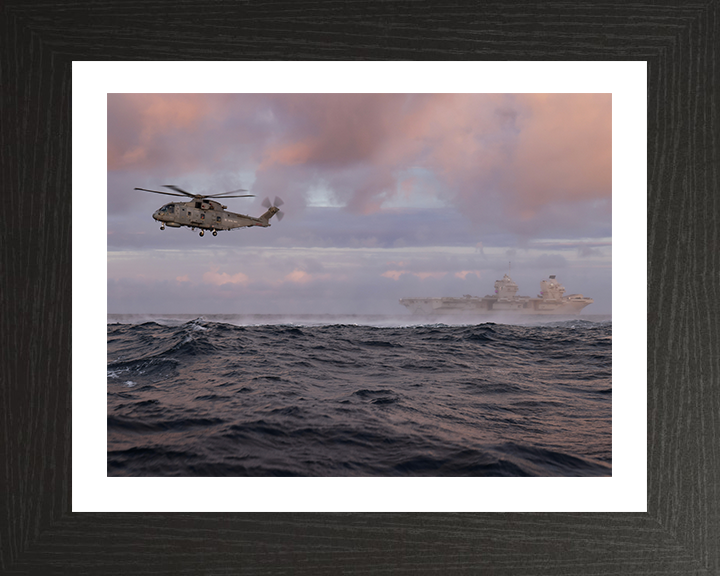 HMS Queen Elizabeth (R08) Photo Print - With Merlin - Royal Navy Queen Elizabeth Class Aircraft Carrier Hampshire Prints 10 x 8 Black Frame Yes