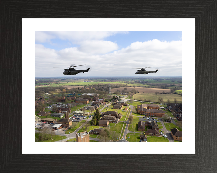 RAF Puma Helicopter in flight over RAF Shawbury Photo Print - Royal Air Force Aircraft Posters, Prints, & Visual Artwork Hampshire Prints 10 x 8 Black Frame Yes