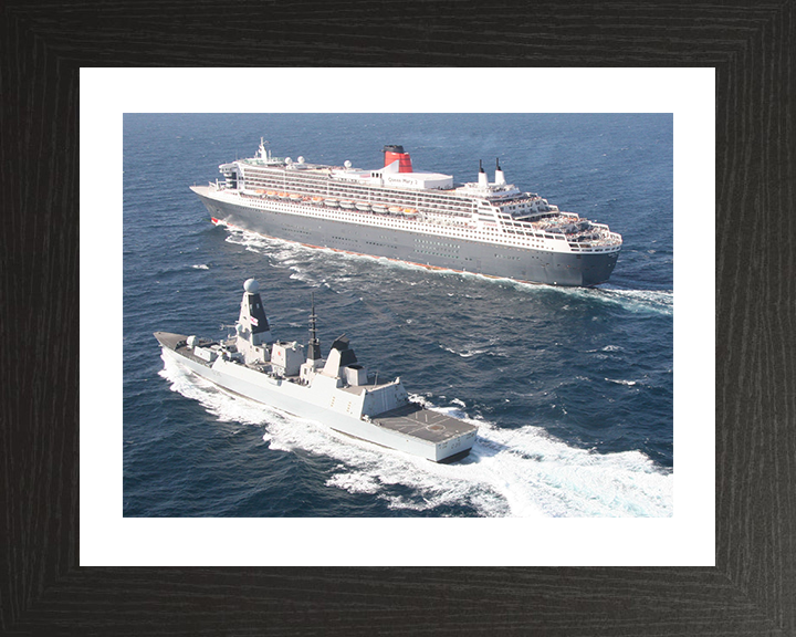 HMS Defender (D36) Photo Print - With Queen Mary 2 - Royal Navy Type 45 Destroyer Hampshire Prints 10 x 8 Black Frame Yes